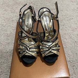 Audrey Brooke Gold and Black strappy heels